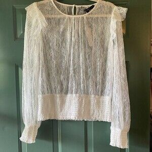 NWT White House Black Market Smocked Hem Lace Top Size L
